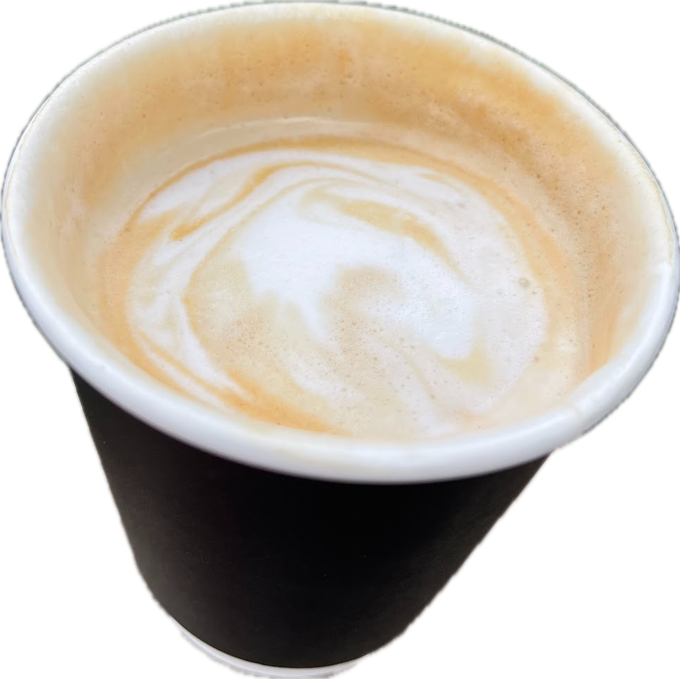 A latte with rosetta latte art in a black takeaway cup